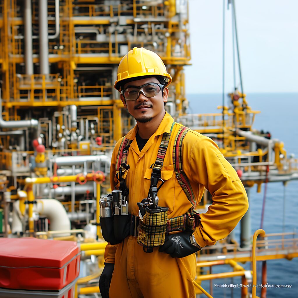 arafed worker in yellow overalls and safety glasses standing in front of a large oil rig