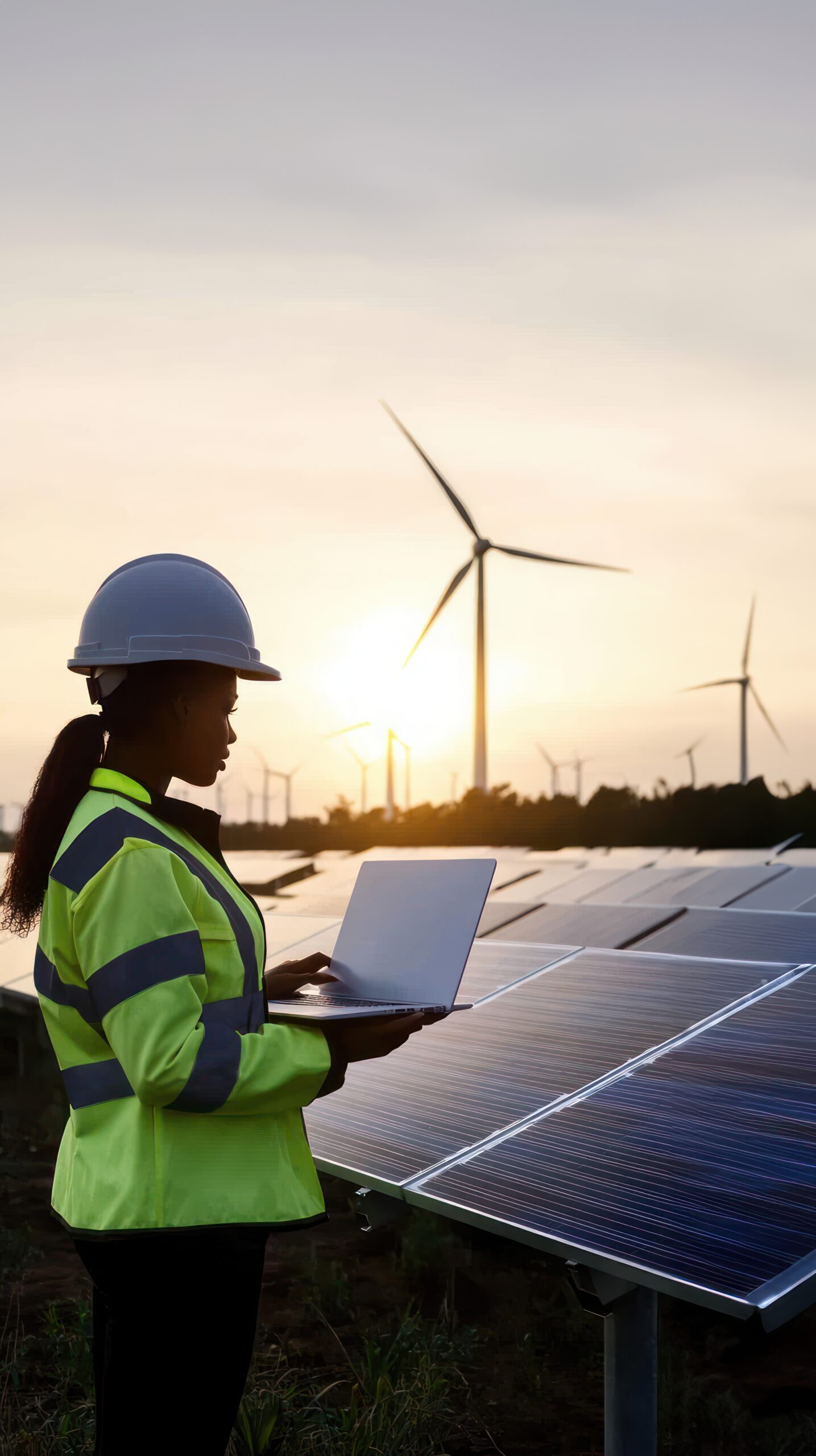 a female engineer works with laptop at the solar farm with wind