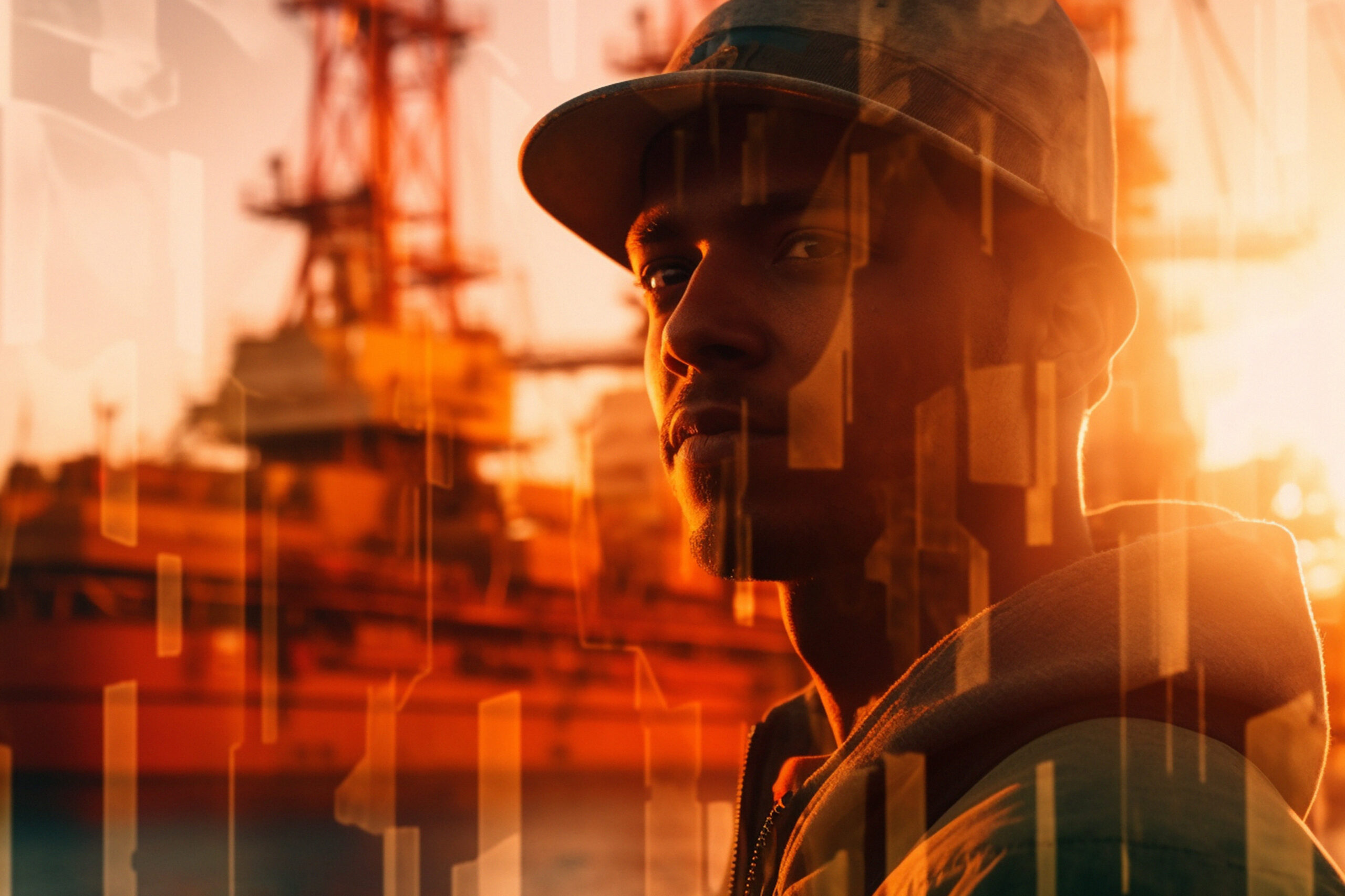 man, planning and double exposure on oil rig at sunset for impor