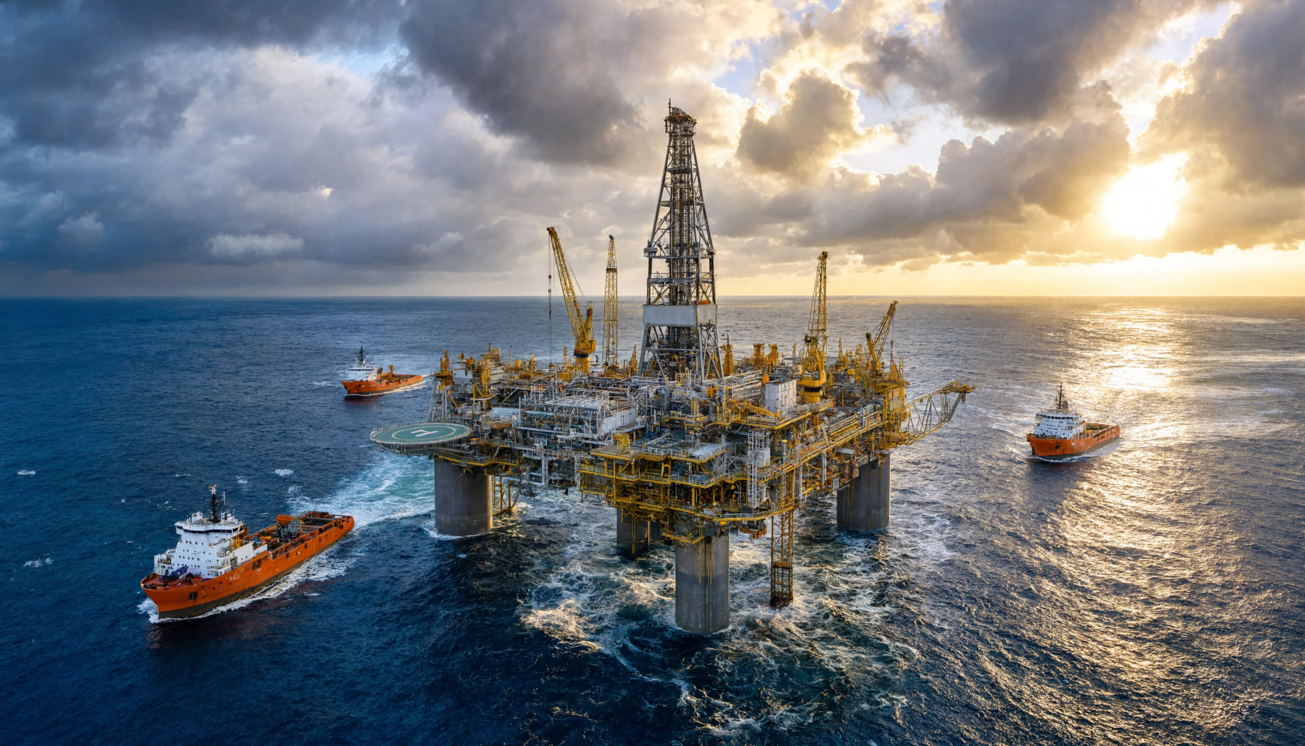 offshore oil drilling platform ocean sunset