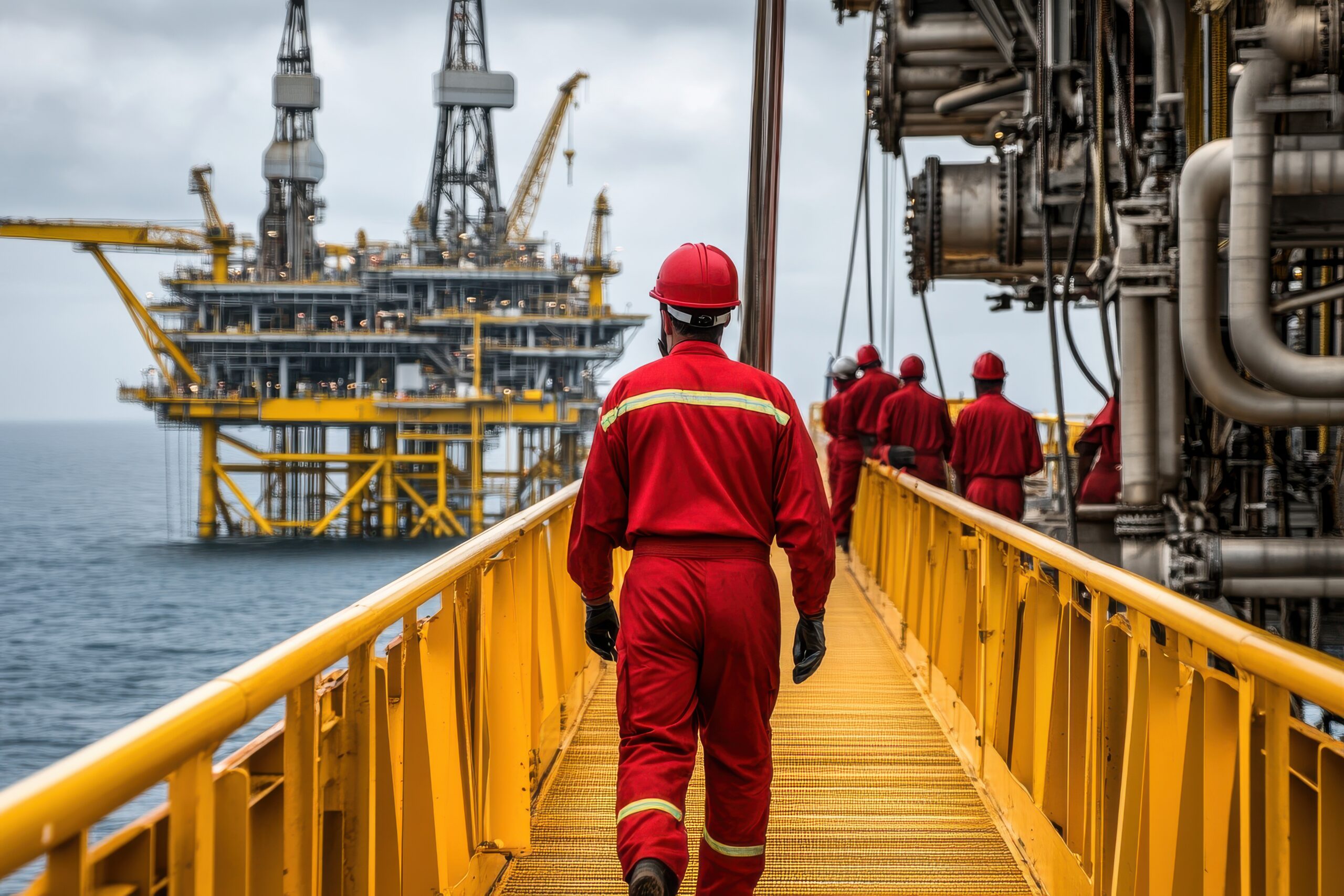 oil platform crew in red coveralls and yellow helmets walking on steel walkway, ocean setting