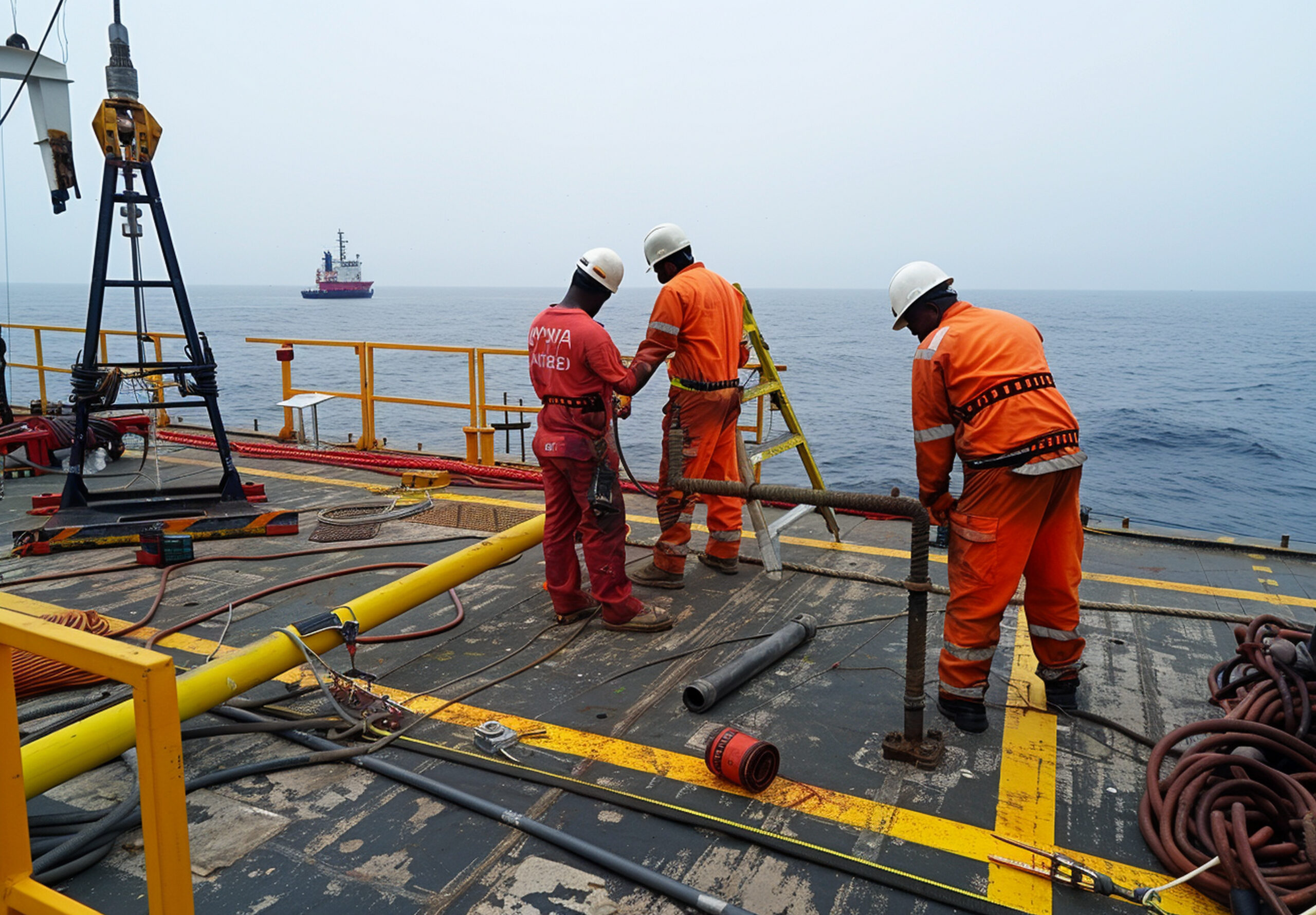 three men orange work suits are ship